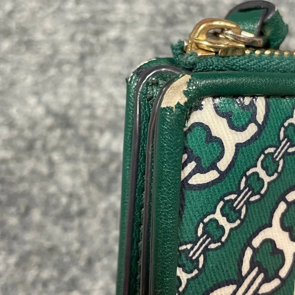 Tory Burch Gemini Link Bifold Wallet Womens Small Green Navy Striped Leather